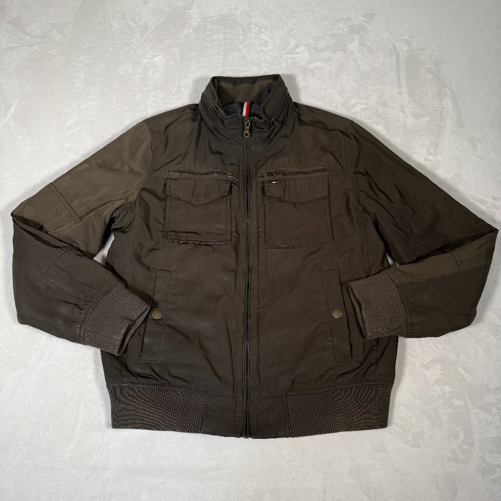 Tommy Hilfiger Bomber Jacket Men Size S Brown Pockets Full Zip Performance Coat